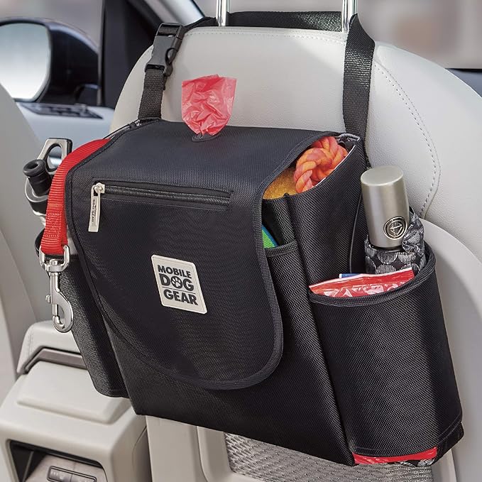 Mobile Dog Gear, Car Seat Back Organizer Travel Bag, Includes Built-in Waste Bag Dispenser and 1 Bag Roll, Black, Meets Airline Requirements