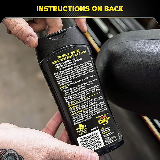 Meguiar's Ultimate Black Plastic Restorer, Durable Car Restorer for Faded Black Plastic, Vinyl, and Rubber, Restores Deep Color and Shine, for Car Guys, 12 Oz