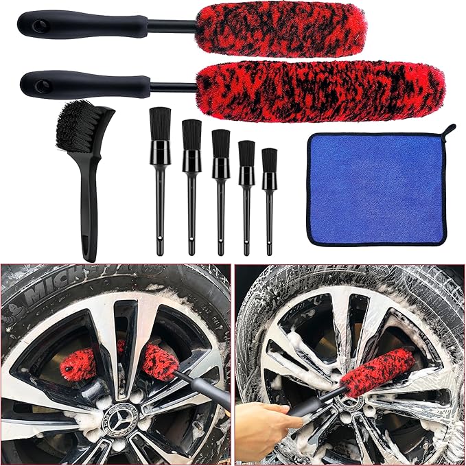 9Pcs Wheel Tire Brush Set - Cleaning Brushes for Wheels, Tires, Rims & Spokes