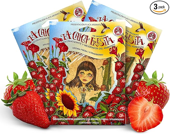 3pcs La Chica Fresita Car Air Freshener - 4 Weeks Long-lasting Strawberry Scent - The Must-have Rear View Mirror Hanging Accesory for Trucks and Vans - Strong & Proudly Mexican Automotive Fragrance