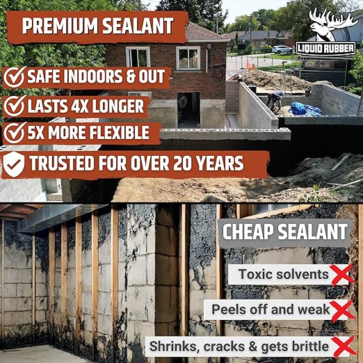 Liquid Rubber Basement and Foundation Repair Sealant - Waterproof Concrete Sealer & Crack Filler - Flexible Coating for Indoor & Outdoor Use - Waterproofing Paint - Black, 2.5 Gallon