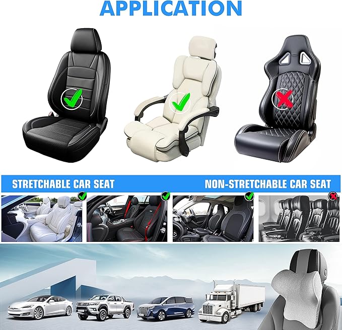 Car Neck Pillow for Driving Seat Car Headrest Pillow with Flexible Strap, 100% Memory Foam Neck Support Pillow for Car, Office Chair Dark Grey Pack of 2