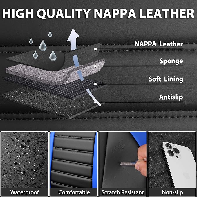 CAR PASS Nappa Leather Car Seat Covers Front Seats, Luxury Seat Protector for Cars, Waterproof Anti-Slip Seat Cushion Airbag Compatible Universal for SUV Pick-up Truck Automotive Vehicle,Black Blue