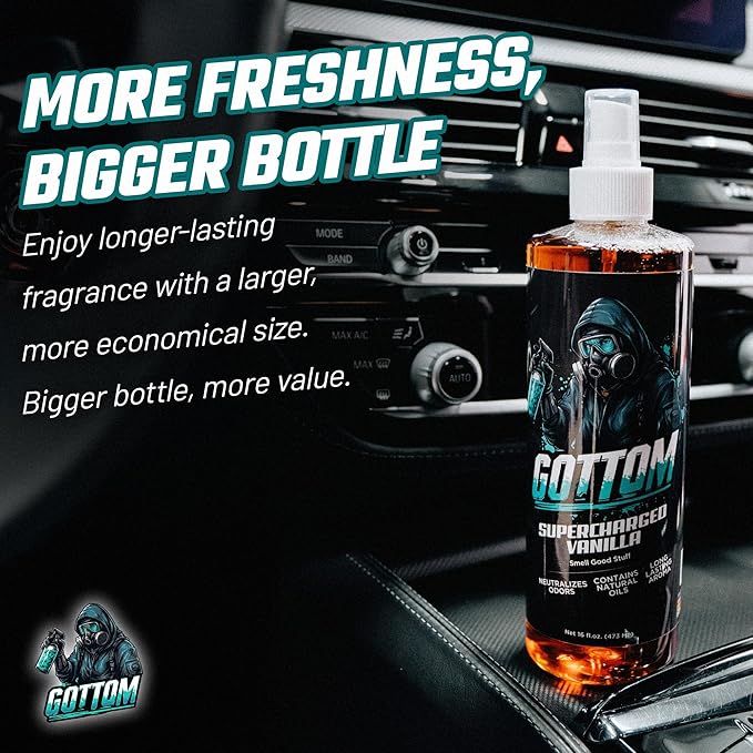 Gottom Air Freshener Spray - Long Lasting Odor Eliminator - 16 oz (Supercharged Vanilla) - Car Scent, Auto Odor Remover, Fresh Fragrance, Air Freshener for Trucks, SUVs, RVs & more