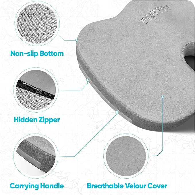 FORTEM Seat Cushion, Office Chair Cushion, Desk Chair Memory Foam, Sciatica Coccyx Tailbone Pain Relief, Pressure Relief, Sitting Pad, for Long Gaming & Sitting, Washable Cover, Non Slip