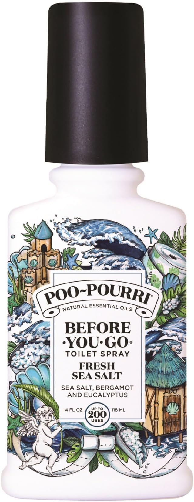Poo-Pourri Before-You-Go Toilet Spray, Fresh Sea Salt, 4 Fl Oz, Up to 200 Uses, Bathroom Odor Deodorizer, Plant-Based with Essential Oils, for Home or Work, Sea Salt, Bergamot & Eucalyptus Scent