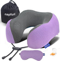 napfun Neck Pillow for Traveling, Upgraded Travel Neck Pillow for Airplane 100% Pure Memory Foam Travel Pillow for Flight Headrest Sleep, Portable Plane Accessories, Light Purple Striped Kit