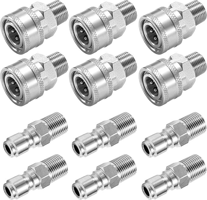 3/8 Inch NPT Pressure Washer Adapter Set, 12-Piece Stainless Steel External Thread Quick Connector Kit - 3/8" NPT Male Thread Quick Connect Hose Fittings, 5000 PSI