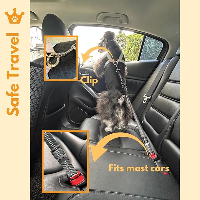 Dog Car Accessories Essentials Kit, with 2 Retractable Harness Adjustable Seat Belt Leash, Portable Collapsible Pet Bowl, Car Net Barrier for Dogs in Vehicle, and 4 Headrest Hooks for Hanger