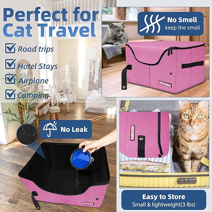 Petskd Portable Travel Litter Box for Cats with Lid and 10 pcs Liner Bags, Light Weight, Leak-Proof and Higher Sides for Road Trips, Hotel Stays, Car Travel(Pink)