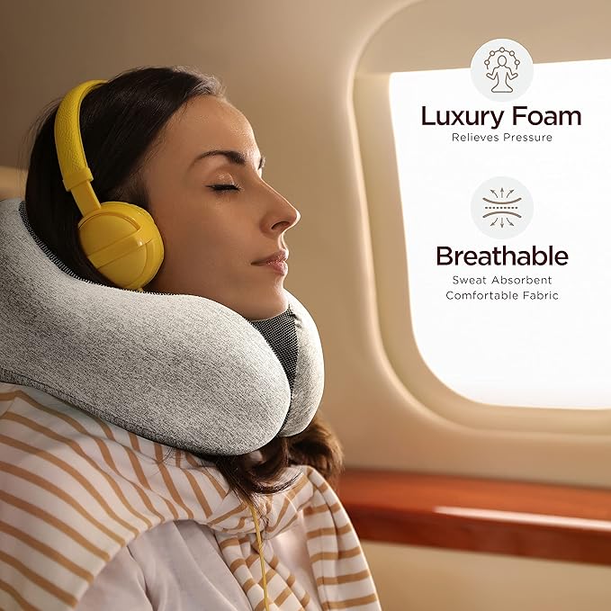 Homeify Airplane Travel Kit – Adjustable Memory Foam Airplane Neck Pillow with Phone Holder, Eye Mask, Foot Hammock, and Earplugs – 6 Piece Plane Travel Essentials for Long Flights