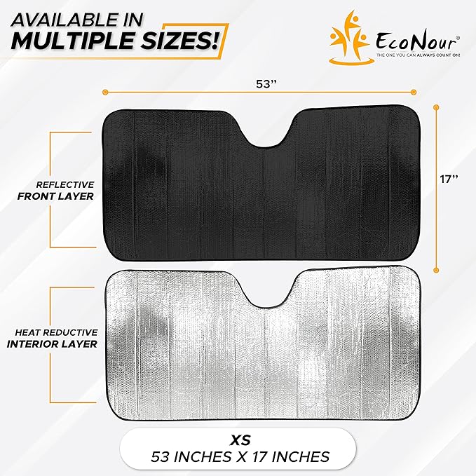 EcoNour Accordion Windshield Sun Shade for Jeep Wrangler | Car Shade Front Windshield Designed for Jeep Wrangler| Dashboard Sun Visor for UV and Heat | XS 53 x 17 inches