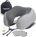 napfun Neck Pillow for Traveling, Upgraded Travel Neck Pillow for Airplane 100% Pure Memory Foam Travel Pillow for Flight Headrest Sleep, Portable Plane Accessories, Light Gray Striped Kit