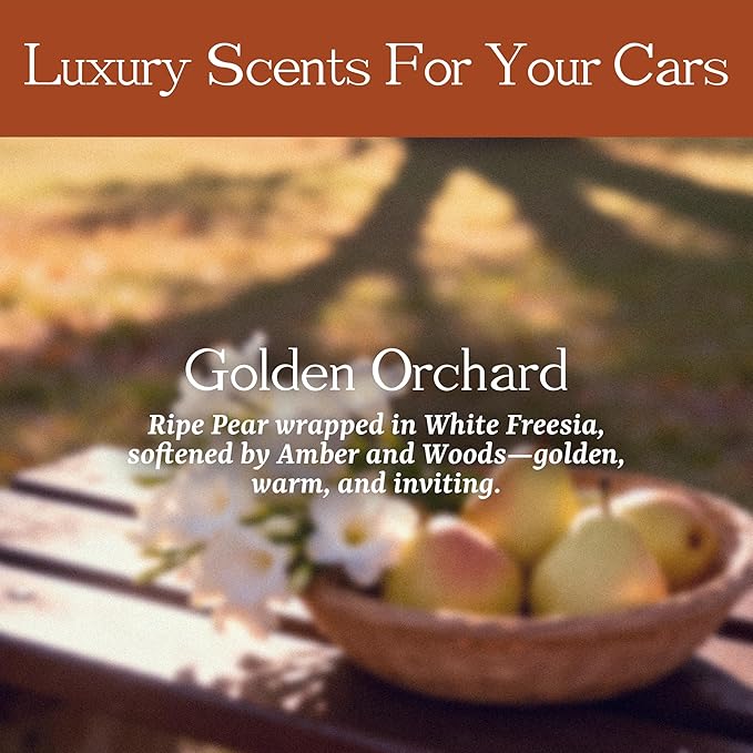 Car Air Freshener - Square Wood Air Freshener Refill - INCLUDED Premium Leather Clips - Car Odor Eliminator for Visor Clip - Vehicle Scent Diffuser for Cabin, Truck & SUVs(Golden Orchard)