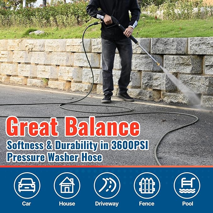 YAMATIC 3600PSI Pressure Washer Hose For Power Washer 50FT X 1/4", Kink Resistant Heavy Duty Power Washer Extension Replacement Hose With M22-14mm x 3/8" Quick Connect Kit For Gas & Electric