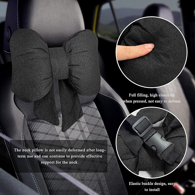 Bow Car Headrest Pillow, Breathable Ergonomic Auto Neck Cushion with Adjustable Strap, Comfy Vehicle Neck Support Pillow Cute Bow Girl-Style Decoration for Driving Seats (Black)