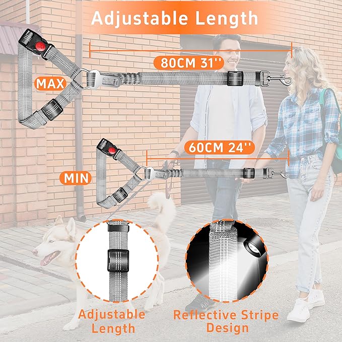 Retractable Dog Harness with Adjustable Seatbelt and Reflective Strap for Vehicle Safety, Heavy Duty & High Elastic Tension, Grey
