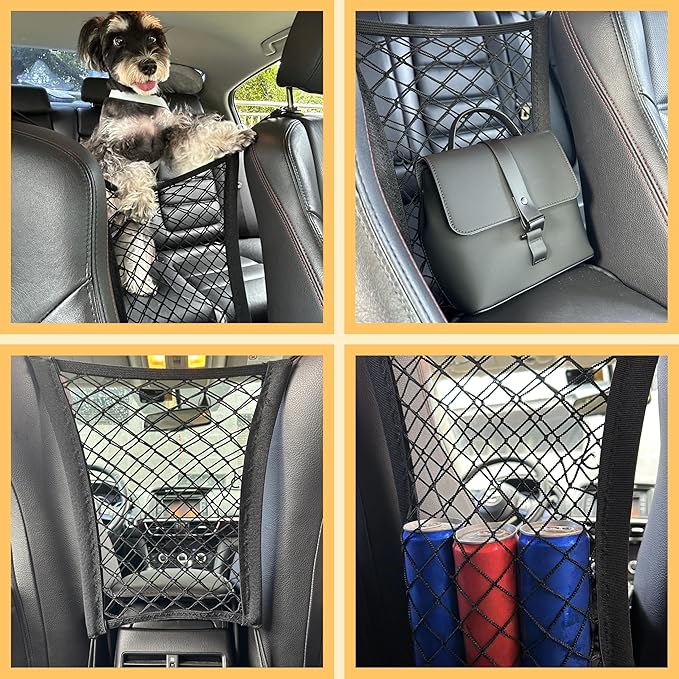 Dog Car Accessories Essentials Kit, with 2 Retractable Harness Adjustable Seat Belt Leash, Portable Collapsible Pet Bowl, Car Net Barrier for Dogs in Vehicle, and 4 Headrest Hooks for Hanger