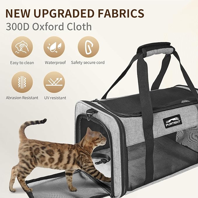 TSA Approved Pet Carrier for Small Cats and Puppies, Soft-Sided and Foldable, Cat and Dog Carrier Fits Pets Up to 15 lbs, Durable Portable Travel Bag with Litter Box (Gray, Litter Box & Leash Set)