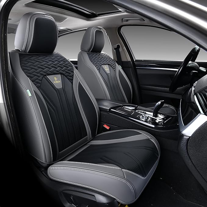 FLORICH Seat Covers for Cars, Waterproof Seat Covers, Leather Car Seat Covers 2 Pack, Universal Seat Cushion Protector for Most Cars Trucks SUV-Gray&Black