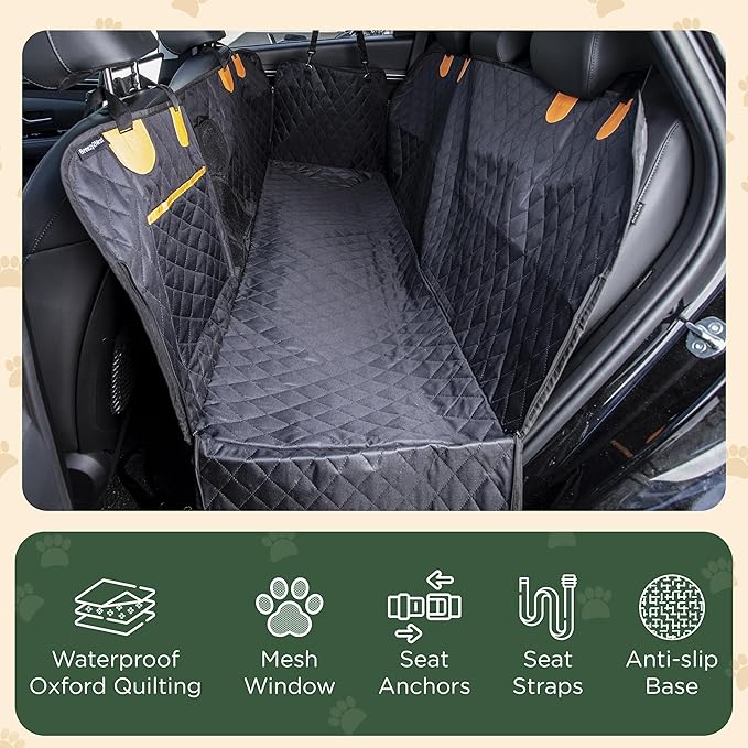 Pet Seat Cover for Back Seat – Waterproof Backseat Cover for Dogs in Car with Mesh Window, Oxford Fabric, Storage Pocket, Side Flaps & Carry Handles