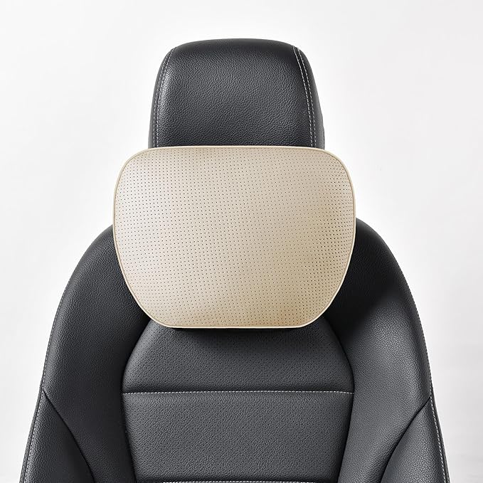 Genuine Leather Car Neck Pillow for headrest,Support Drive Seats Head Cushion,Real Cow Leather,11.8x7.5”,Plant-Based Polyester,Thickness & Height Adjustable,Inner Liner fillable(Beige,1p)