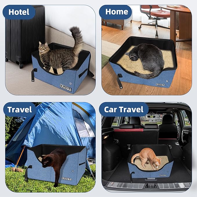Petskd Portable Travel Litter Box for Cats with Lid and 10 pcs Liner Bags, Light Weight, Leak-Proof and Higher Sides for Road Trips, Hotel Stays, Car Travel(Blue)