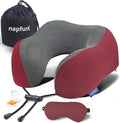 napfun Neck Pillow for Traveling, Upgraded Travel Neck Pillow for Airplane 100% Pure Memory Foam Travel Pillow for Flight Headrest Sleep, Portable Plane Accessories, Burgundy Striped Kit