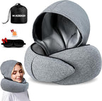 Travel Neck Pillows for Airplanes – Sleep Comfortably on Long Flights, Roadtrips, Home or Office. All-in-One Travel Sleep Kit with Hood, Eyemask and Earplugs