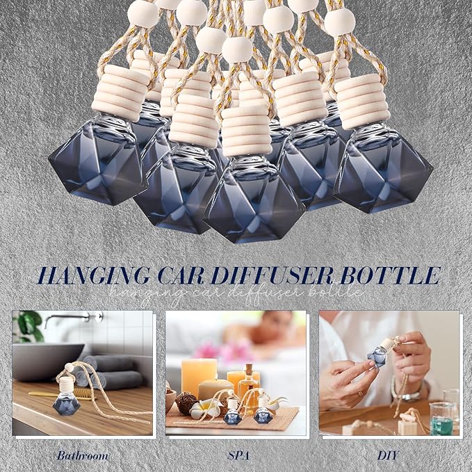 50 Pcs Black Car Air Freshener Hanging Bottle Empty Glass Diffuser Bottles Perfume Bottle Refillable Car Air Freshener Pendant Aromatherapy Fragrance Vials Bottles Ornament(Diamond)