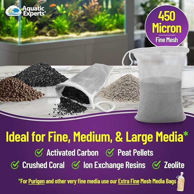 Aquatic Experts Fine Aquarium Media Bag, Durable Drawstring Bags for Fish Tank Filters, 450 Micron Mesh, (Fine, 3"x 8" - 8 Pack)