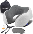 napfun Neck Pillow for Traveling, Upgraded Travel Neck Pillow for Airplane 100% Pure Memory Foam Travel Pillow for Flight Headrest Sleep, Portable Plane Accessories, Light Gray Kit