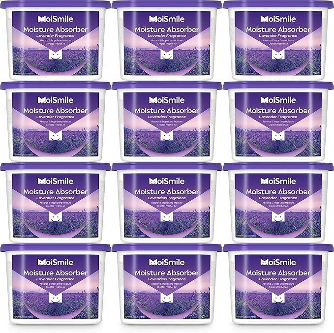 Moisture Absorbers 12 Packs, 10.8 Oz Lavender Vanilla Efficient Humidity Absorber ＆ Odor Eliminator Boxes, Refillable Car Dehumidifier for Closet, Bathroom, Basement＆ RV