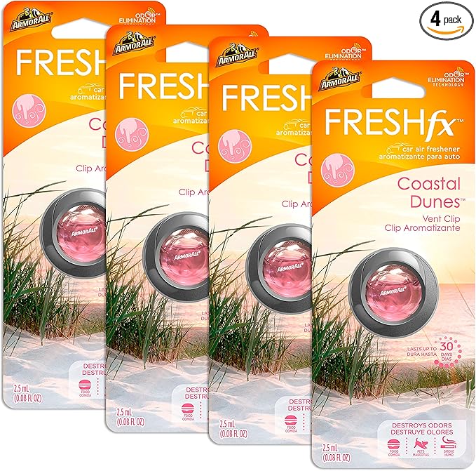 Armor All Car Air Freshener and Purifier - Odor Eliminator for Cars & Truck, Freshfx Coastal Dunes, 0.08 Fl Oz Vent Clip, Pack of 4, 18550-4PK