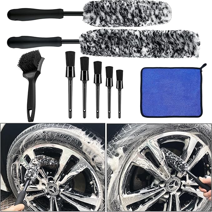 9Pcs Grey Wheel Tire Brush Set - Cleaning Brushes for Wheels, Tires, Rims & Spokes