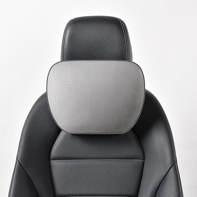 Genuine Leather Car Neck Pillow for headrest,Support Drive Seats Head Cushion,Real Cow Leather,11.8x7.5”,Plant-Based Polyester,Thickness & Height Adjustable,Inner Liner fillable(Grey,1p)