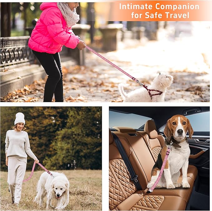3-Piece Dog Car Harness Set - Retractable, Adjustable, Reflective Dog Seatbelt for Vehicle Headrests - Heavy Duty & High Elastic, Pink