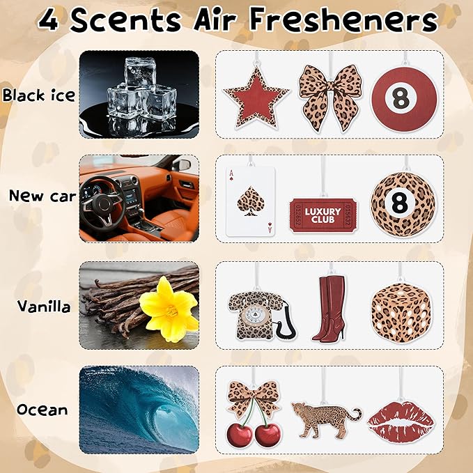 Trendy Red Leopard Car Air Fresheners - 12Pcs Retro Preppy Cheetah Lucky 8 Ball Stars Freshener Hanging Ornaments for Women, Interior Air Refresh Decoration for Car Mirror Birthday Gifts Home