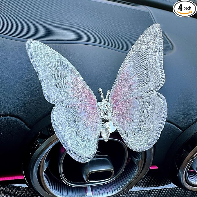 2 Pcs Embroidery Fragrance Butterfly Decoration, Butterfly Car Vent Clips, Embroidery Fragrance Butterfly Car Air Freshener Clip Charm Car Inter Decor Cute Car Accessories for Women Girls-White