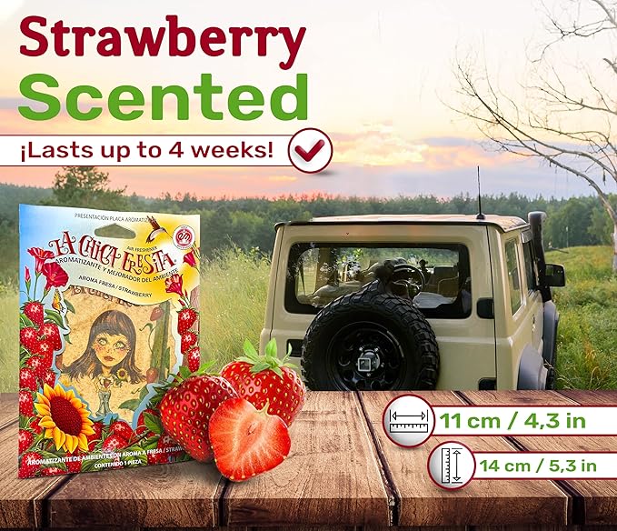 3pcs La Chica Fresita Car Air Freshener - 4 Weeks Long-lasting Strawberry Scent - The Must-have Rear View Mirror Hanging Accesory for Trucks and Vans - Strong & Proudly Mexican Automotive Fragrance