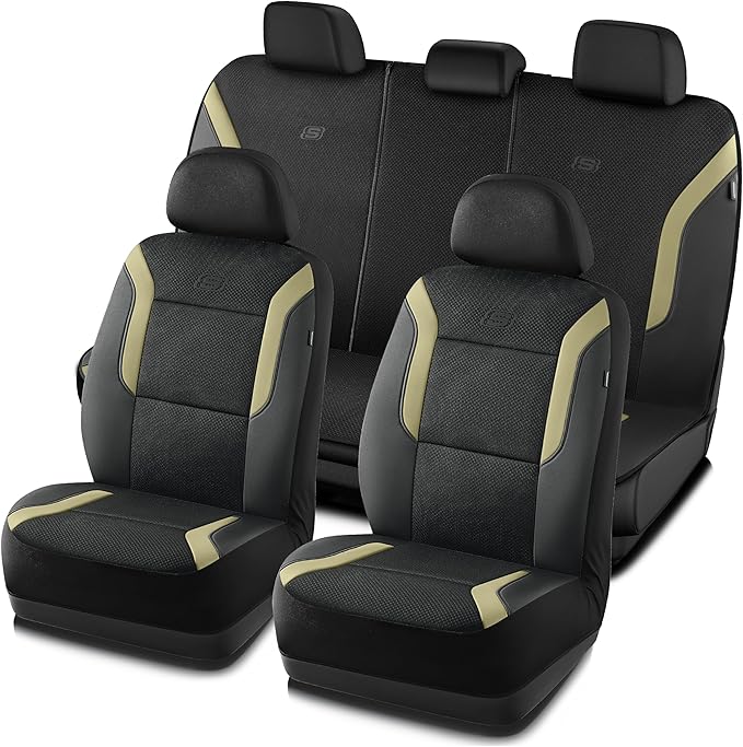Skechers Memory Foam Car Seat Covers, Air Cool Mesh Thick Seat Covers, Car Seat Full Sets Airbag Compatible, Automotive Comfort Protection for Most Cars,Vans,Trucks, SUVs,Beige