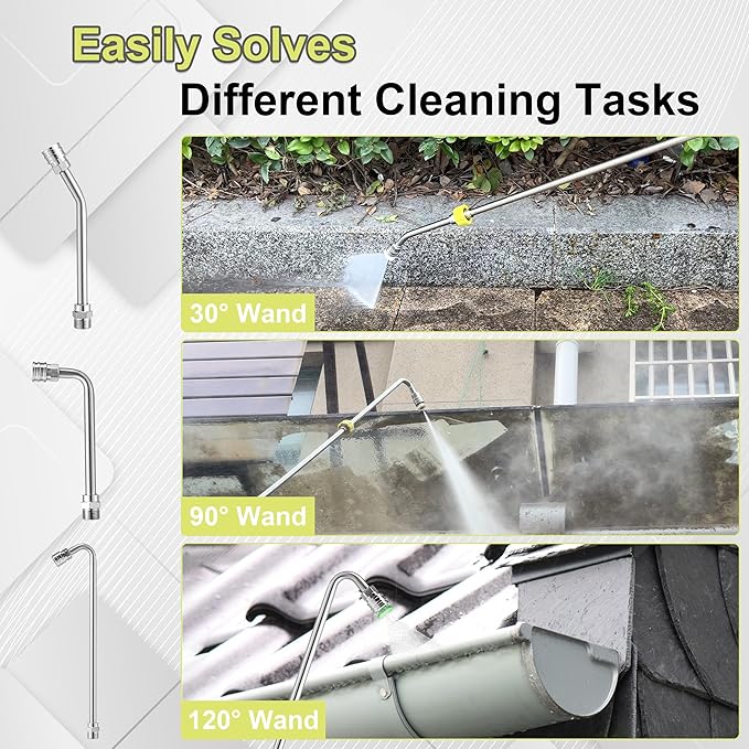 Pressure Washer Extension Wand, 120” pressure washer lance Replacement, Stainless Steel Power Washer Wand with 1/4” QC, Gutter Cleaner Attachment with 30°/90°/120° Curved Rods, 5 Nozzle Tips