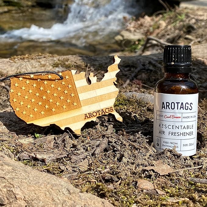 Arotags Reusable Wood Car Air Freshener, Vanilla Lavender Scent, USA Flag Design, Hanging Diffuser with Fragrance Oil Refill