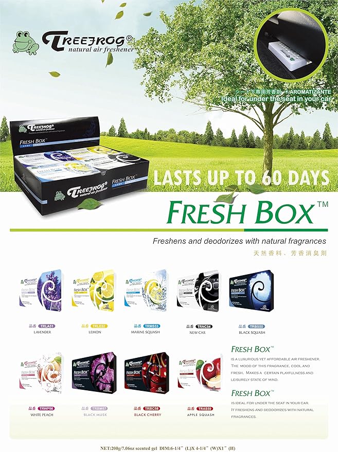 Treefrog Fresh Box (aka Xtreme Fresh) 6 Pack Assorted Scent Car Air Freshener (Apple Squash, Lemon, New Car, Marine, White Peach, Black Squash Scents)