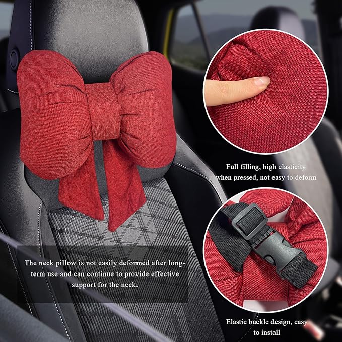 Bow Car Headrest Pillow, Breathable Ergonomic Auto Neck Cushion with Adjustable Strap, Comfy Vehicle Neck Support Pillow Cute Bow Girl-Style Decoration for Driving Seats (Red)