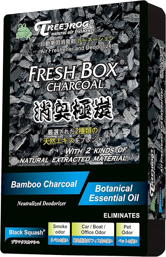 Tree frog xtreme Fresh Box Charcoal Black Squash Scent 4-Pack Car Air Freshener, deodorizer and neutralizer air, plus smelling great, Black Bamboo Charcoal, 200g.