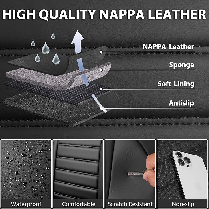 CAR PASS Nappa Leather Car Seat Covers Full Set, Luxury Seat Protector for Cars, Waterproof Anti-Slip Car Seat Cushion Armrest Compatible Airbag Universal for Sedan SUV Pick-up Truck Automotive, Black
