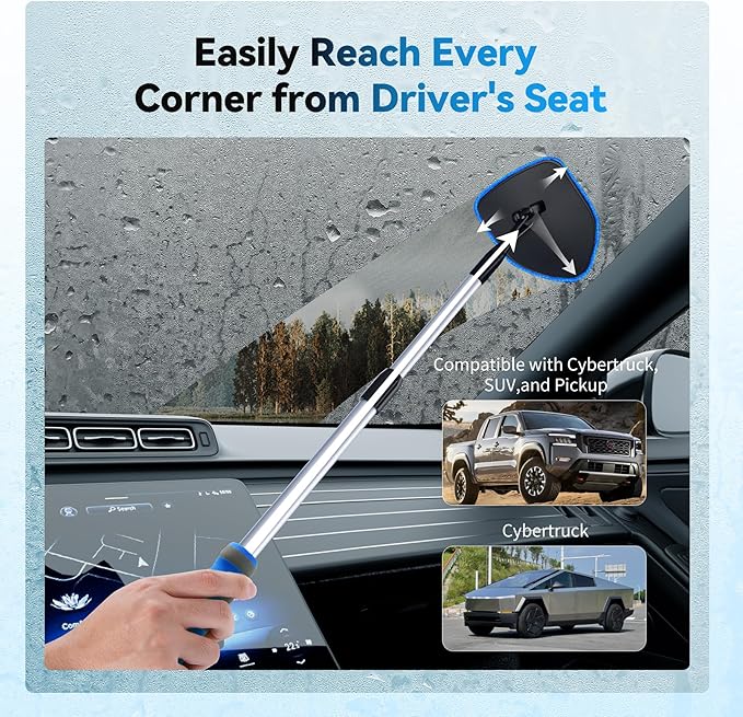 XINDELL Windshield Cleaning Tool, Interior & Inside Car Windshield Cleaner with Microfiber Pads, Extendable Handle & 360° Rotating Head, Streak-Free Glass Cleaning Kit for Cars Trucks