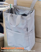 Ginsco New Leak-Proof Travel Trash Bag, Hanging Car Trash Can with Hook and Loop Lid and Handle, Multipurpose Trash Bin with Storage Pockets for Car SUV Truck RV Camping 2 Gallons (Atomic Silver)
