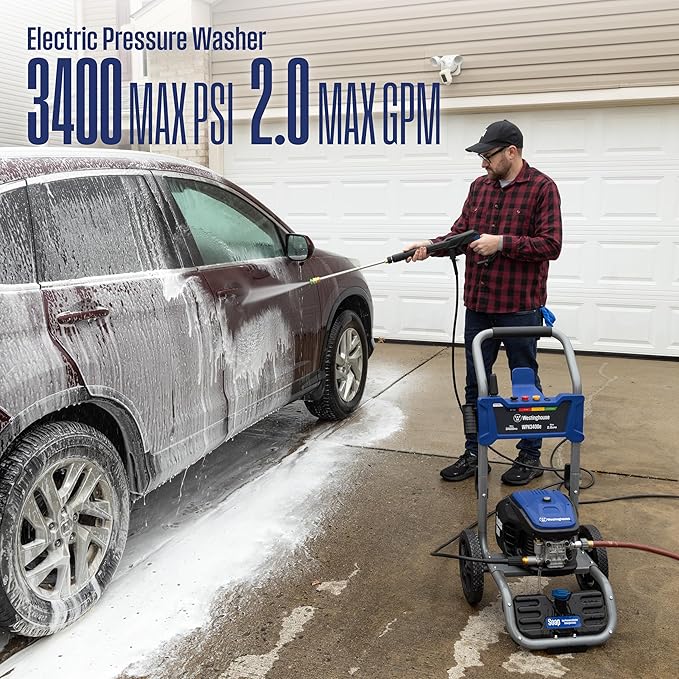 Westinghouse WPX3400e Electric Pressure Washer, 3400 Max PSI and 2.0 Max GPM, Brushless Motor, Onboard Soap Tank, Spray Gun and Wand, 5 Nozzle Set, for Cars/Fences/Driveways/Homes/Patios/Furniture
